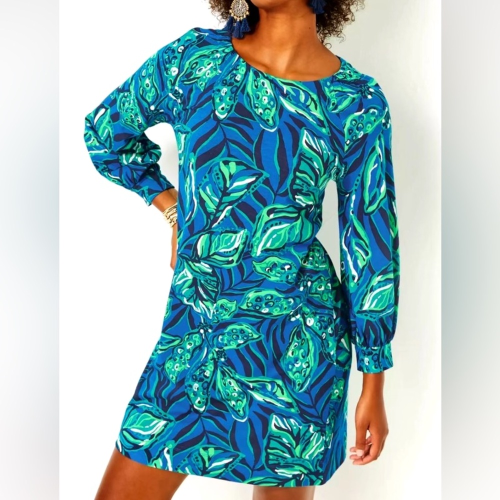 Lilly Pulitzer Elianna 3/4 Sleeve Dress in Indigo Breeze Shady Gators, Size XS